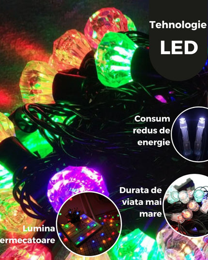 Instalatie de Craciun Liniara RGRB Yoto,din care Prelungitor 220V, 40 LED, Model Diamante, Utilizare Interior/Exterior, Interconectabila, Fir