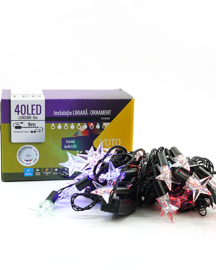 Instalatie de Craciun Liniara RGRB Yoto,din care Prelungitor 220V, 40 LED, Model Stelute, Utilizare Interior/Exterior, Interconectabila, Fir