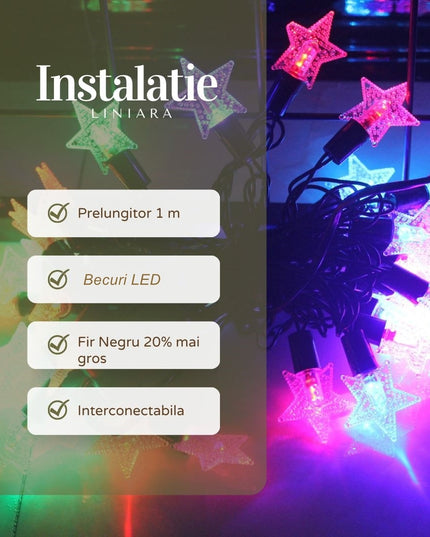 Instalatie de Craciun Liniara RGRB Yoto,din care Prelungitor 220V, 40 LED, Model Stelute, Utilizare Interior/Exterior, Interconectabila, Fir