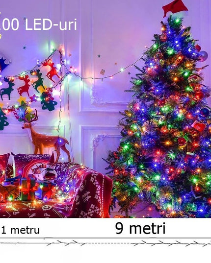 Instalatie de Craciun liniara Yoto,din care cablu priza 220V, 100 LED, 8 jocuri de lumini, beculet in 6 colturi, pentru interior, controler, fir