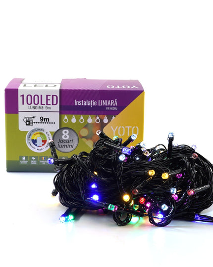 Instalatie de Craciun liniara Yoto,din care cablu priza 220V, 100 LED, 8 jocuri de lumini, beculet in 6 colturi, pentru interior, controler, fir