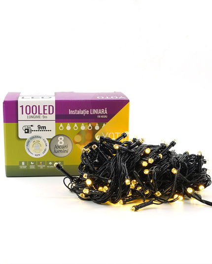 Instalatie de Craciun liniara Yoto,din care cablu priza 220V, 100 LED, 8 jocuri de lumini, beculet in 6 colturi, pentru interior, controler, fir