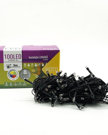 Instalatie de Craciun liniara Yoto,din care cablu priza 220V, 100 LED, 8 jocuri de lumini, controler, fir