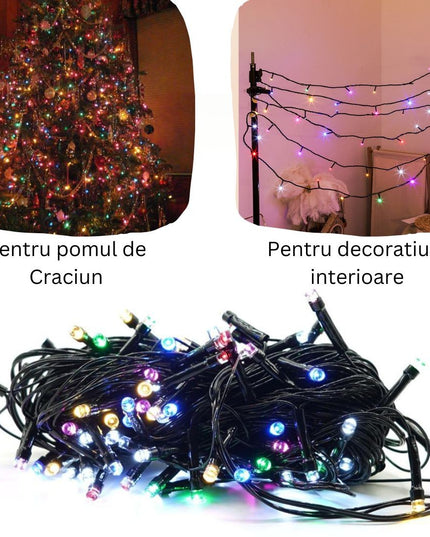 Instalatie de Craciun liniara Yoto,din care cablu priza 220V, 100 LED, 8 jocuri de lumini, controler, fir