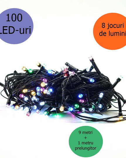 Instalatie de Craciun liniara Yoto,din care cablu priza 220V, 100 LED, 8 jocuri de lumini, controler, fir