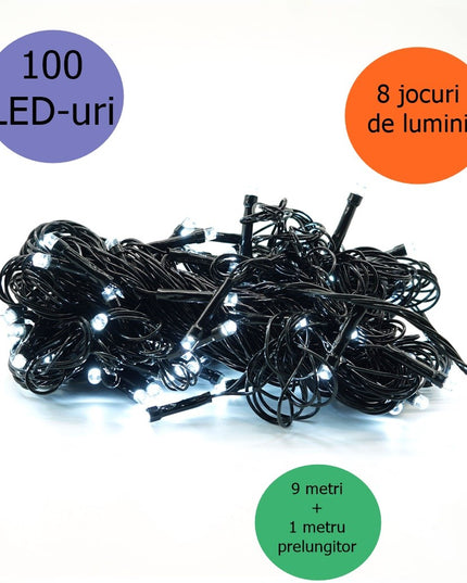 Instalatie de Craciun liniara Yoto,din care cablu priza 220V, 100 LED, 8 jocuri de lumini, controler, fir