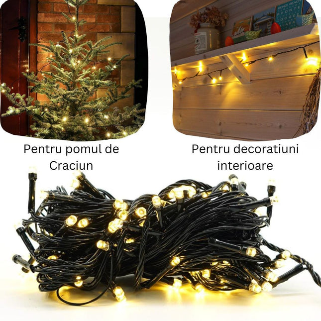 Instalatie de Craciun liniara Yoto,din care cablu priza 220V, 100 LED, 8 jocuri de lumini, controler, fir