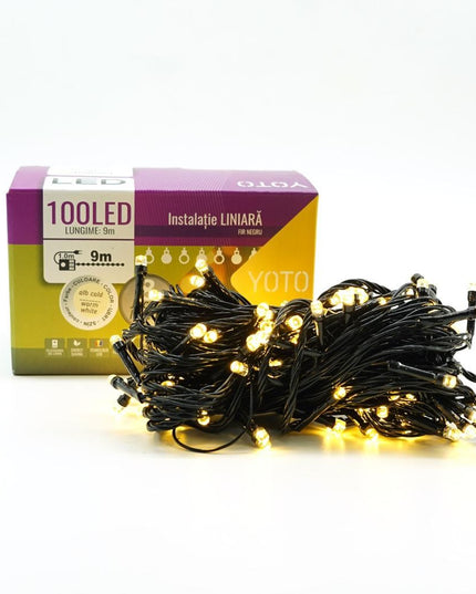 Instalatie de Craciun liniara Yoto,din care cablu priza 220V, 100 LED, 8 jocuri de lumini, controler, fir