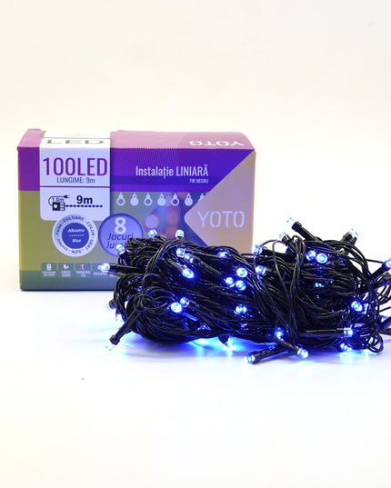 Instalatie de Craciun liniara Yoto,din care cablu priza 220V, 100 LED, 8 jocuri de lumini, controler, fir