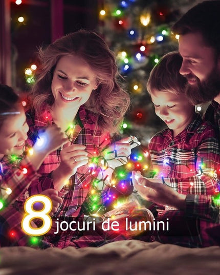 Instalatie de Craciun liniara Yoto,din care cablu priza 220V, 200 LED, 8 jocuri de lumini, beculet in 6 colturi, pentru interior, controler, fir