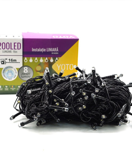 Instalatie de Craciun liniara Yoto,din care cablu priza 220V, 200 LED, 8 jocuri de lumini, beculet in 6 colturi, pentru interior, controler, fir