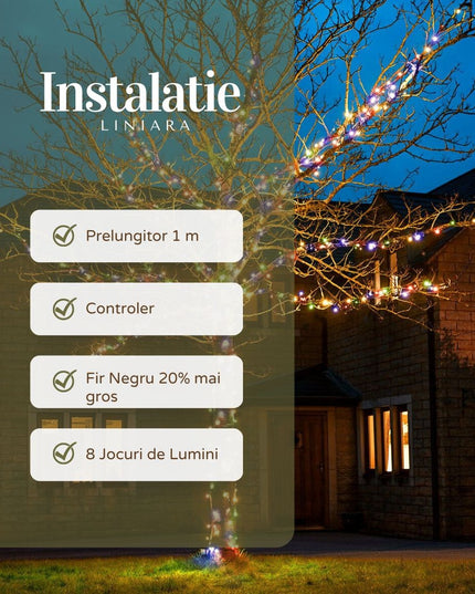 Instalatie de Craciun Liniara Yoto,din care Prelungitor 220V, 300 LED, 8 jocuri de lumini, Controler, Utilizare Interior/Exterior, Fir