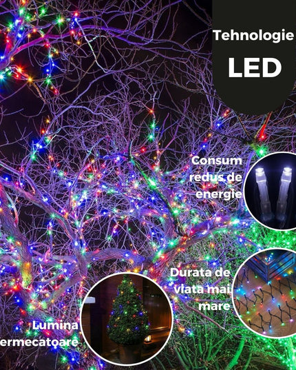 Instalatie de Craciun Liniara Yoto,din care Prelungitor 220V, 300 LED, 8 jocuri de lumini, Controler, Utilizare Interior/Exterior, Fir