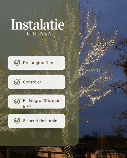 Instalatie de Craciun Liniara Yoto,din care Prelungitor 220V, 300 LED, 8 jocuri de lumini, Controler, Utilizare Interior/Exterior, Fir