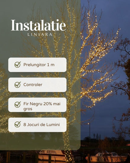 Instalatie de Craciun Liniara Yoto,din care Prelungitor 220V, 300 LED, 8 jocuri de lumini, Controler, Utilizare Interior/Exterior, Fir