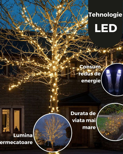 Instalatie de Craciun Liniara Yoto,din care Prelungitor 220V, 300 LED, 8 jocuri de lumini, Controler, Utilizare Interior/Exterior, Fir