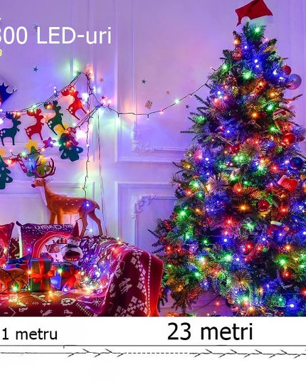 Instalatie de Craciun liniara Yoto,din care cablu priza 220V, 300 LED, 8 jocuri de lumini, beculet in 6 colturi, pentru interior, controler, fir