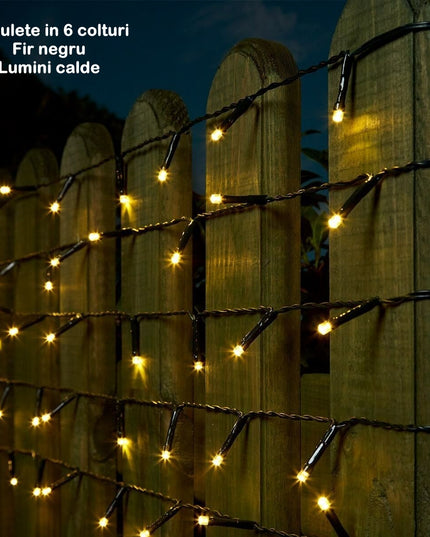 Instalatie de Craciun liniara Yoto,din care cablu priza 220V, 300 LED, 8 jocuri de lumini, beculet in 6 colturi, pentru interior, controler, fir