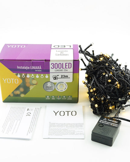 Instalatie de Craciun liniara Yoto,din care cablu priza 220V, 300 LED, 8 jocuri de lumini, beculet in 6 colturi, pentru interior, controler, fir