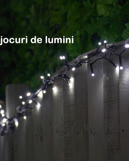 Instalatie de Craciun liniara Yoto,din care cablu priza 220V, 300 LED, 8 jocuri de lumini, beculet in 6 colturi, pentru interior, controler, fir