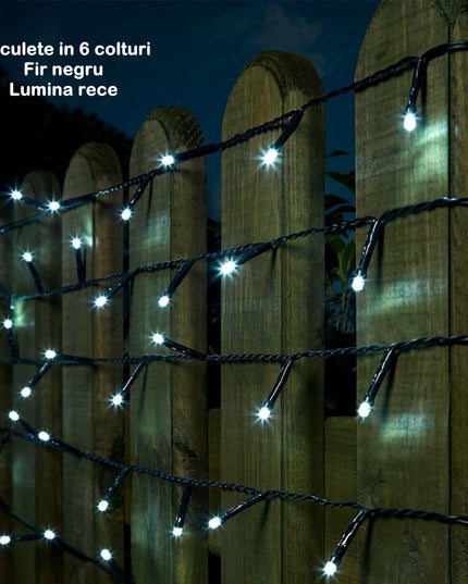 Instalatie de Craciun liniara Yoto,din care cablu priza 220V, 300 LED, 8 jocuri de lumini, beculet in 6 colturi, pentru interior, controler, fir