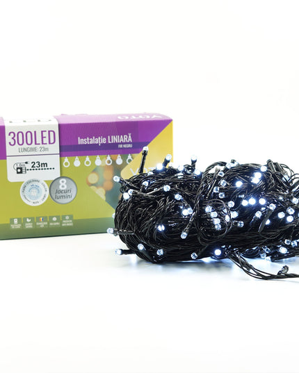 Instalatie de Craciun liniara Yoto,din care cablu priza 220V, 300 LED, 8 jocuri de lumini, beculet in 6 colturi, pentru interior, controler, fir