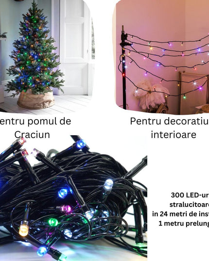 Instalatie de Craciun liniara Yoto,din care cablu priza 220V, 300 LED, 8 jocuri de lumini, controler, fir