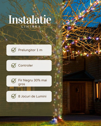 Instalatie de Craciun Liniara Yoto,Prelungitor 220V, 498 LED, 8 Jocuri de Lumini, Controler, Fir