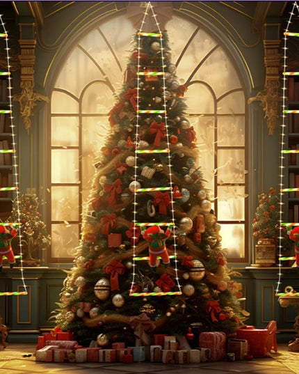 Instalatie LED de Craciun, cu Accesorii, Lumina Calda, Lungime , 8 Trepte, 120 de Luminite, 8 Moduri, Model Mos Craciun pe Scara