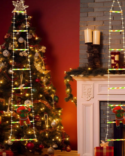 Instalatie LED de Craciun, cu Accesorii, Lumina Calda, Lungime , 8 Trepte, 120 de Luminite, 8 Moduri, Model Mos Craciun pe Scara
