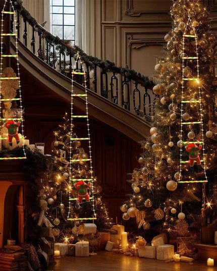 Instalatie LED de Craciun, cu Accesorii, Lumina Calda, Lungime , 8 Trepte, 120 de Luminite, 8 Moduri, Model Mos Craciun pe Scara