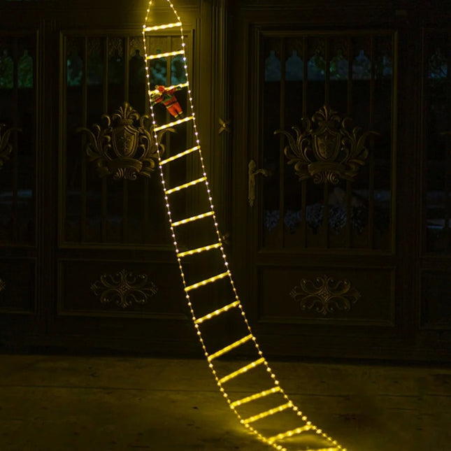 Instalatie LED de Craciun, cu Accesorii, Lumina Calda, Lungime , 8 Trepte, 144 de Luminite, 8 Moduri, Model Mos Craciun pe Scara