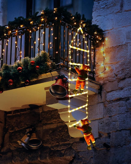 Instalatie LED de Craciun, cu Accesorii, Lumina Calda, Lungime , 4 Trepte, 72 de Luminite, 8 Moduri, Model Mos Craciun pe Scara