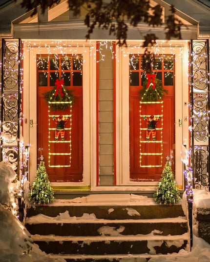 Instalatie LED de Craciun, cu Accesorii, Lumina Calda, Lungime , 4 Trepte, 72 de Luminite, 8 Moduri, Model Mos Craciun pe Scara