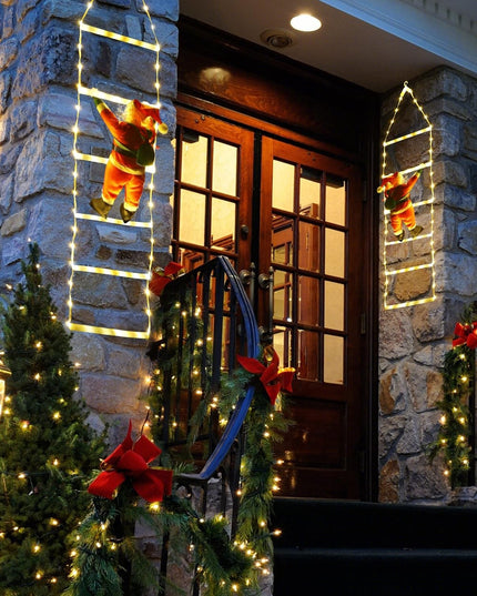 Instalatie LED de Craciun, cu Accesorii, Lumina Calda, Lungime , 4 Trepte, 72 de Luminite, 8 Moduri, Model Mos Craciun pe Scara