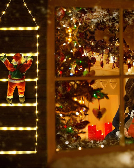 Instalatie LED de Craciun, cu Accesorii, Lumina Calda, Lungime , 4 Trepte, 72 de Luminite, 8 Moduri, Model Mos Craciun pe Scara