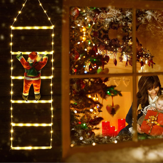 Instalatie LED de Craciun, cu Accesorii, Lumina Calda, Lungime , 4 Trepte, 72 de Luminite, 8 Moduri, Model Mos Craciun pe Scara