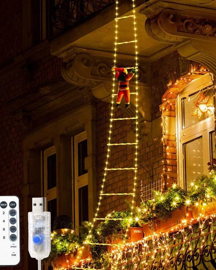 Instalatie LED de Craciun, cu Accesorii, Lumina Calda, Lungime , 16 Trepte, 288 de Luminite, 8 Moduri, Model Mos Craciun pe Scara