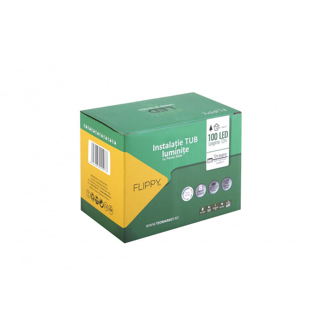 Instalatie luminoasa de Craciun cu LED, 100 LED-uri tip Tub, 12 metri lungime, 8 programe, 2 metri prelungitor, incarcare solara