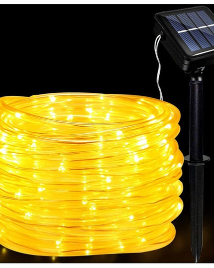 Instalatie luminoasa de Craciun cu LED, 100 LED-uri tip Tub, 12 metri lungime, 8 programe, 2 metri prelungitor, incarcare solara