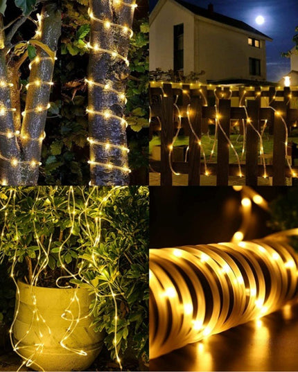 Instalatie luminoasa de Craciun cu LED, 100 LED-uri tip Tub, 12 metri lungime, 8 programe, 2 metri prelungitor, incarcare solara