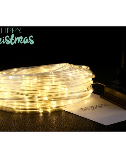 Instalatie luminoasa de Craciun tip furtun luminos, 300 LED-uri, 32 metri lungime, 8 programe, 2 metri prelungitor, sarma din cupru, incarcare solara