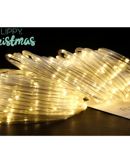 Instalatie luminoasa de Craciun tip furtun luminos, 300 LED-uri, 32 metri lungime, 8 programe, 2 metri prelungitor, sarma din cupru, incarcare solara