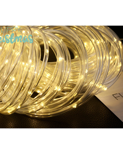 Instalatie luminoasa de Craciun tip furtun luminos, 300 LED-uri, 32 metri lungime, 8 programe, 2 metri prelungitor, sarma din cupru, incarcare solara