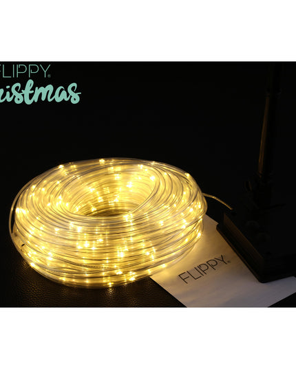 Instalatie luminoasa de Craciun tip furtun luminos, 300 LED-uri, 32 metri lungime, 8 programe, 2 metri prelungitor, sarma din cupru, incarcare solara