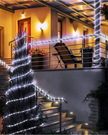 Instalatie luminoasa de Craciun tip furtun luminos, 100 LED-uri, 12 metri lungime, 8 programe, 2 metri prelungitor, sarma din cupru, incarcare solara