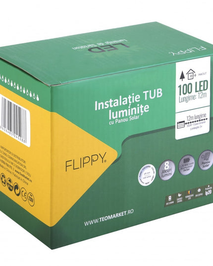 Instalatie luminoasa de Craciun tip furtun luminos, 100 LED-uri, 12 metri lungime, 8 programe, 2 metri prelungitor, sarma din cupru, incarcare solara