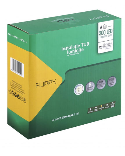 Instalatie luminoasa de Craciun tip furtun luminos, 300 LED-uri, 32 metri lungime, 8 programe, 2 metri prelungitor, sarma din cupru, incarcare solara