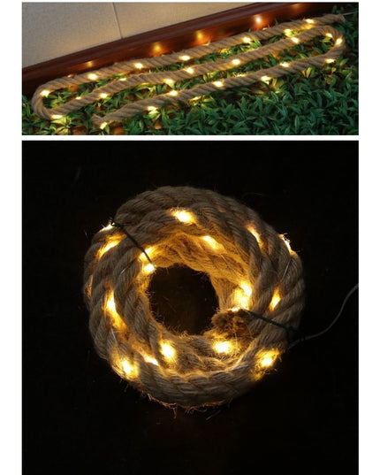 Instalatie Luminoasa, cu Fir de Cupru,60 LED-uri, Model Sfoara de Canepa, cu Baterii, 8 Jocuri de Lumini, IP44