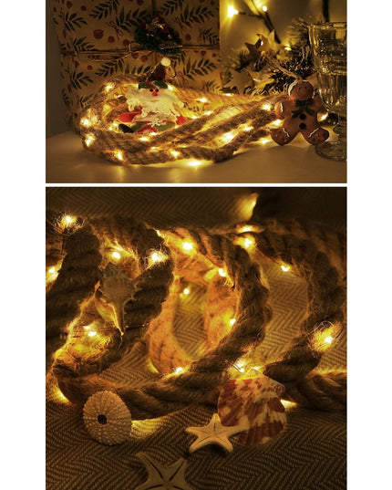 Instalatie Luminoasa, cu Fir de Cupru,60 LED-uri, Model Sfoara de Canepa, cu Baterii, 8 Jocuri de Lumini, IP44